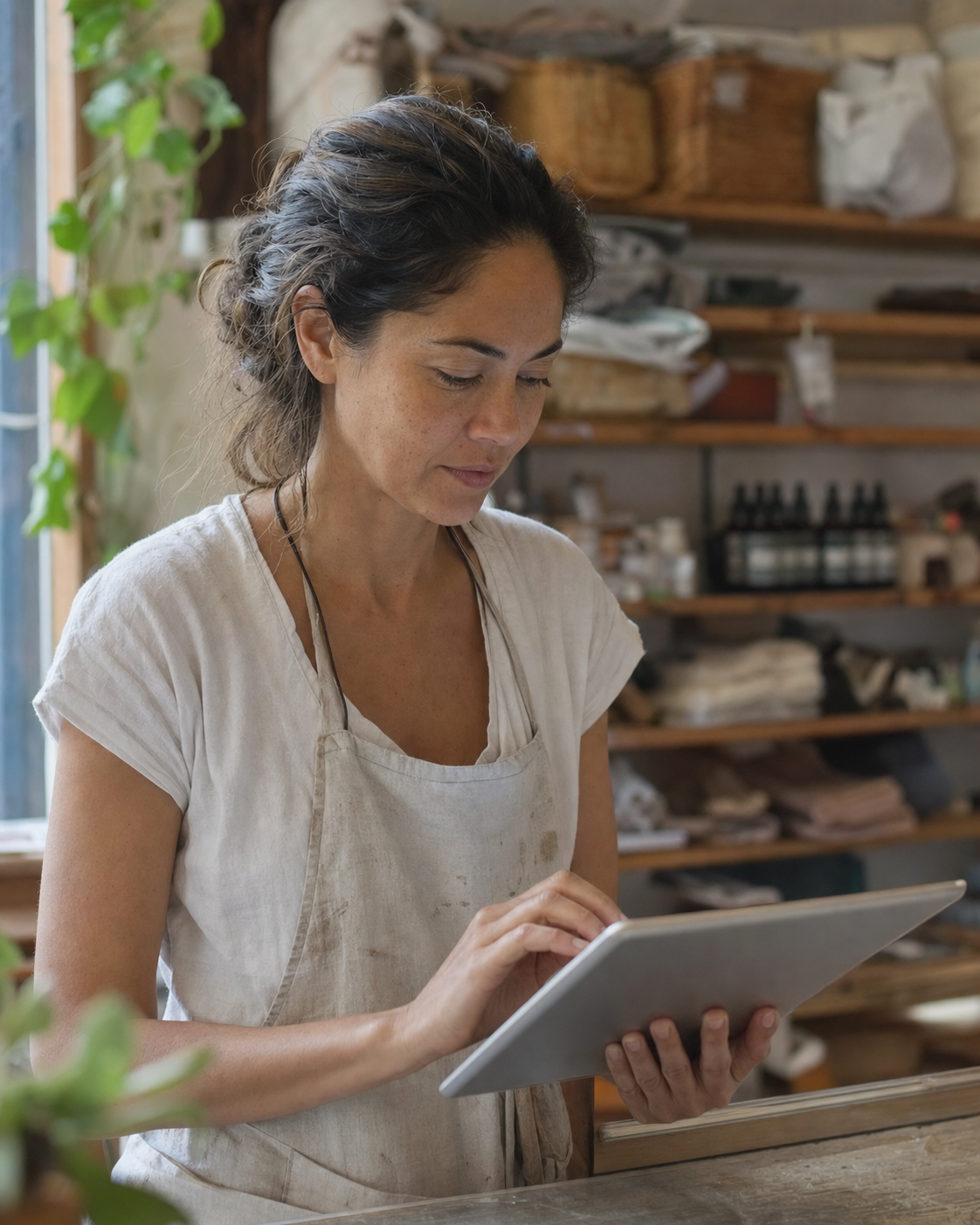 Shop owner reviewing tablet behind counter (illustrative composite)