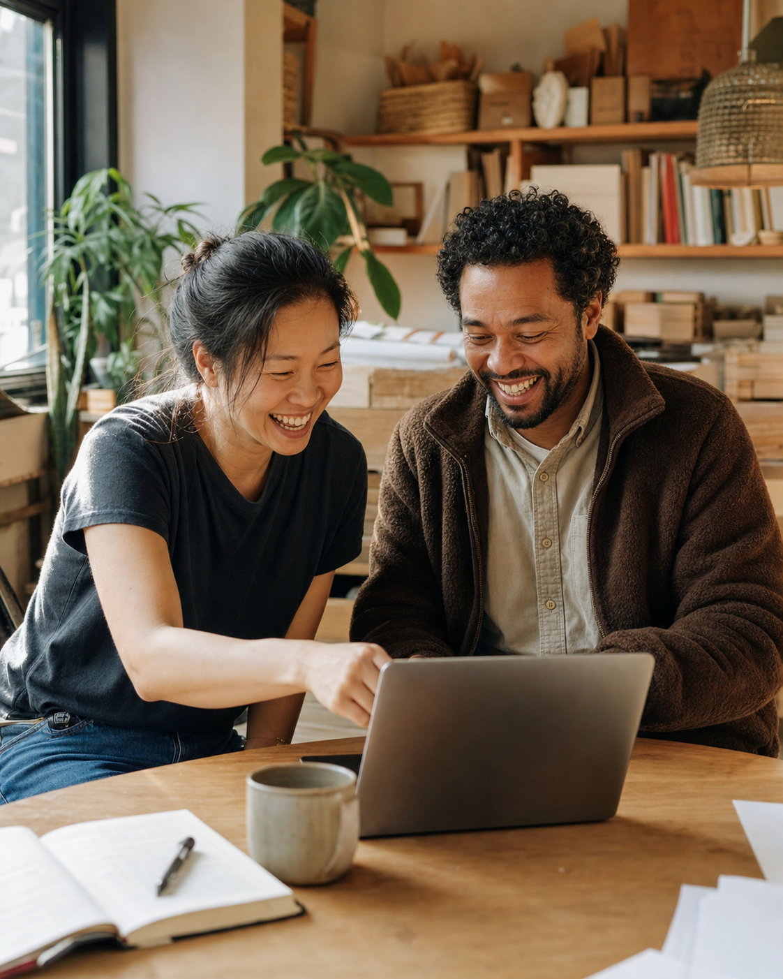 Two-person team reviewing laptop together (illustrative composite)