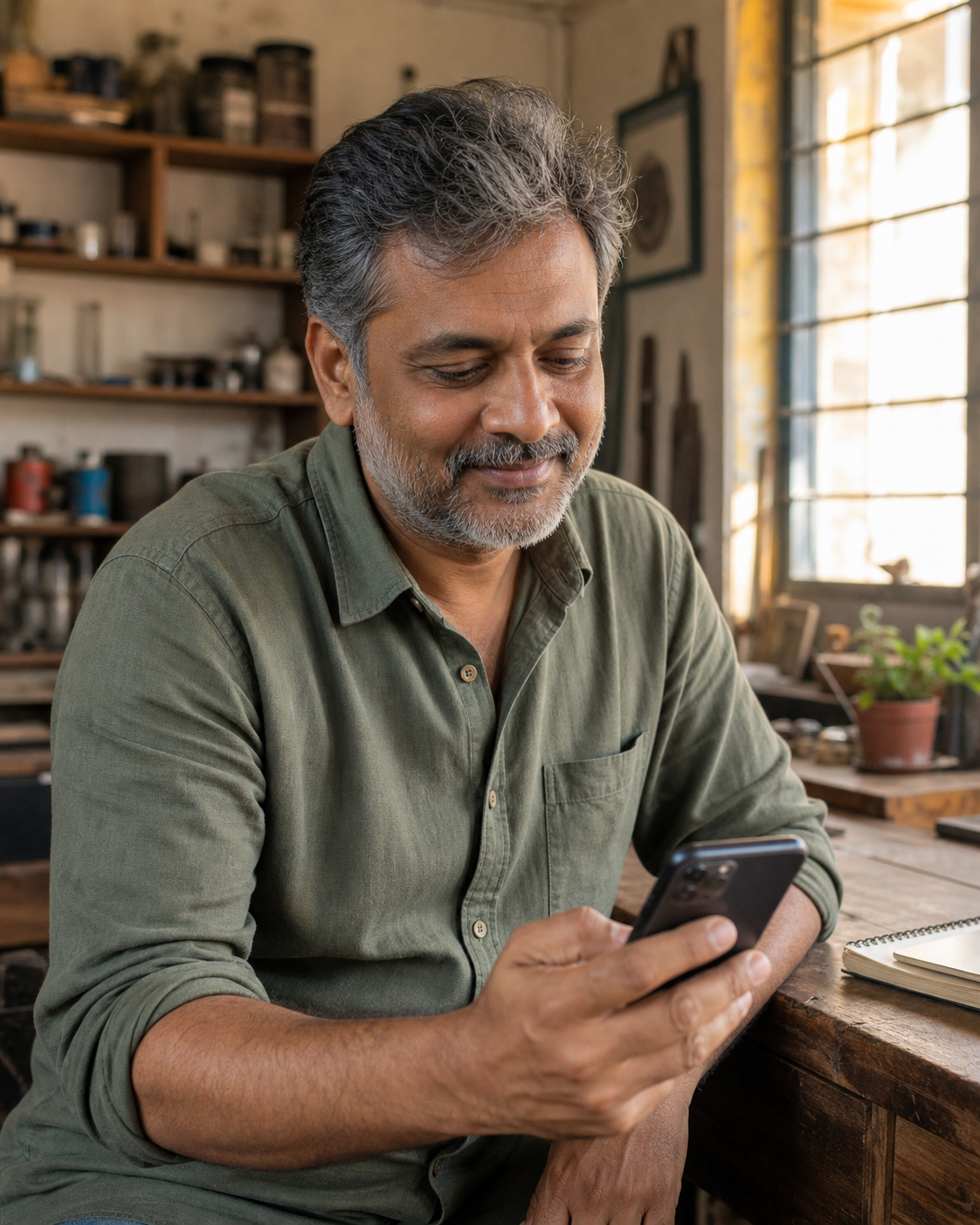 Founder reviewing phone at desk (illustrative composite)