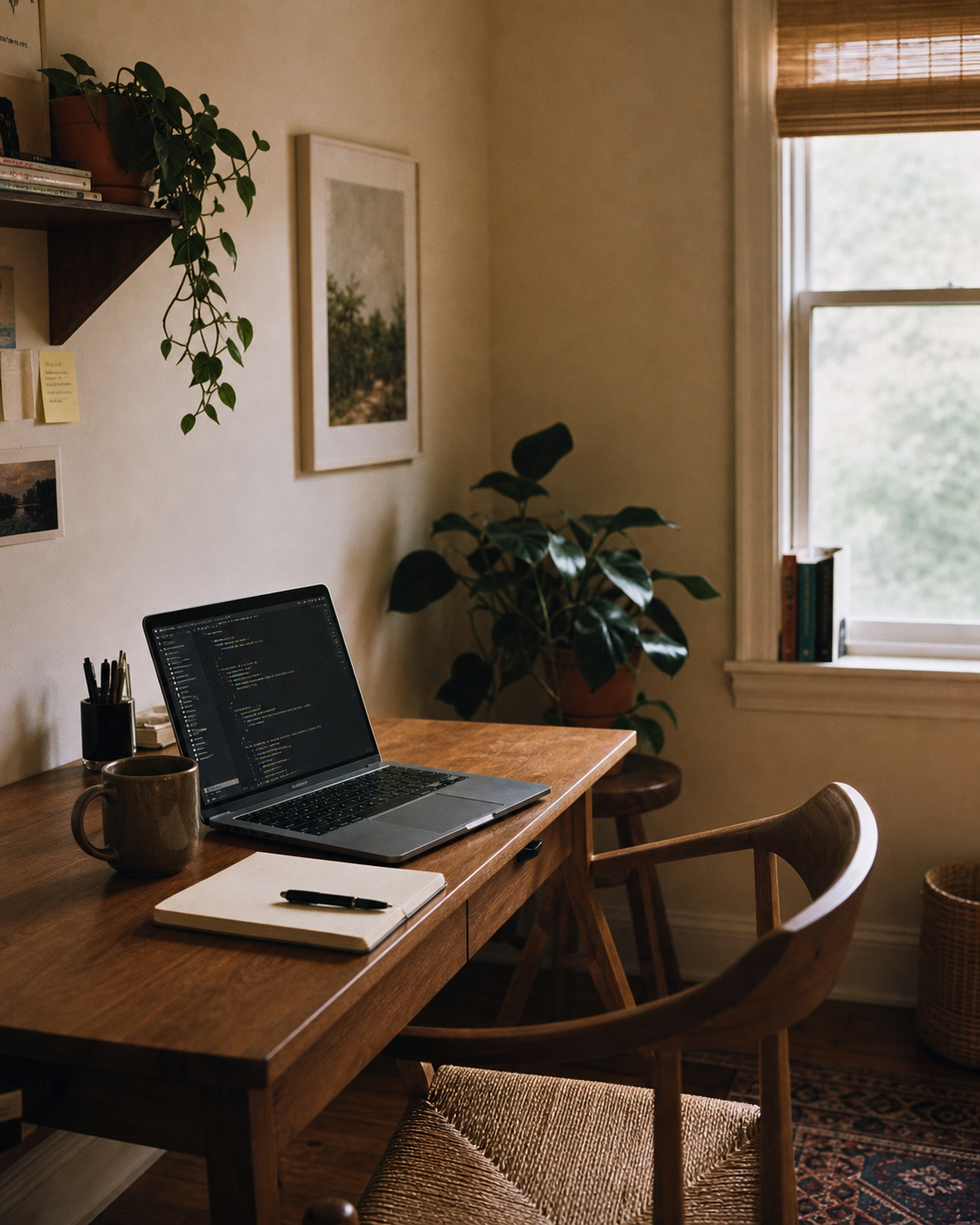 UWC workspace — home office desk with laptop, mug, notebook, and warm natural light (illustrative composite, no face)