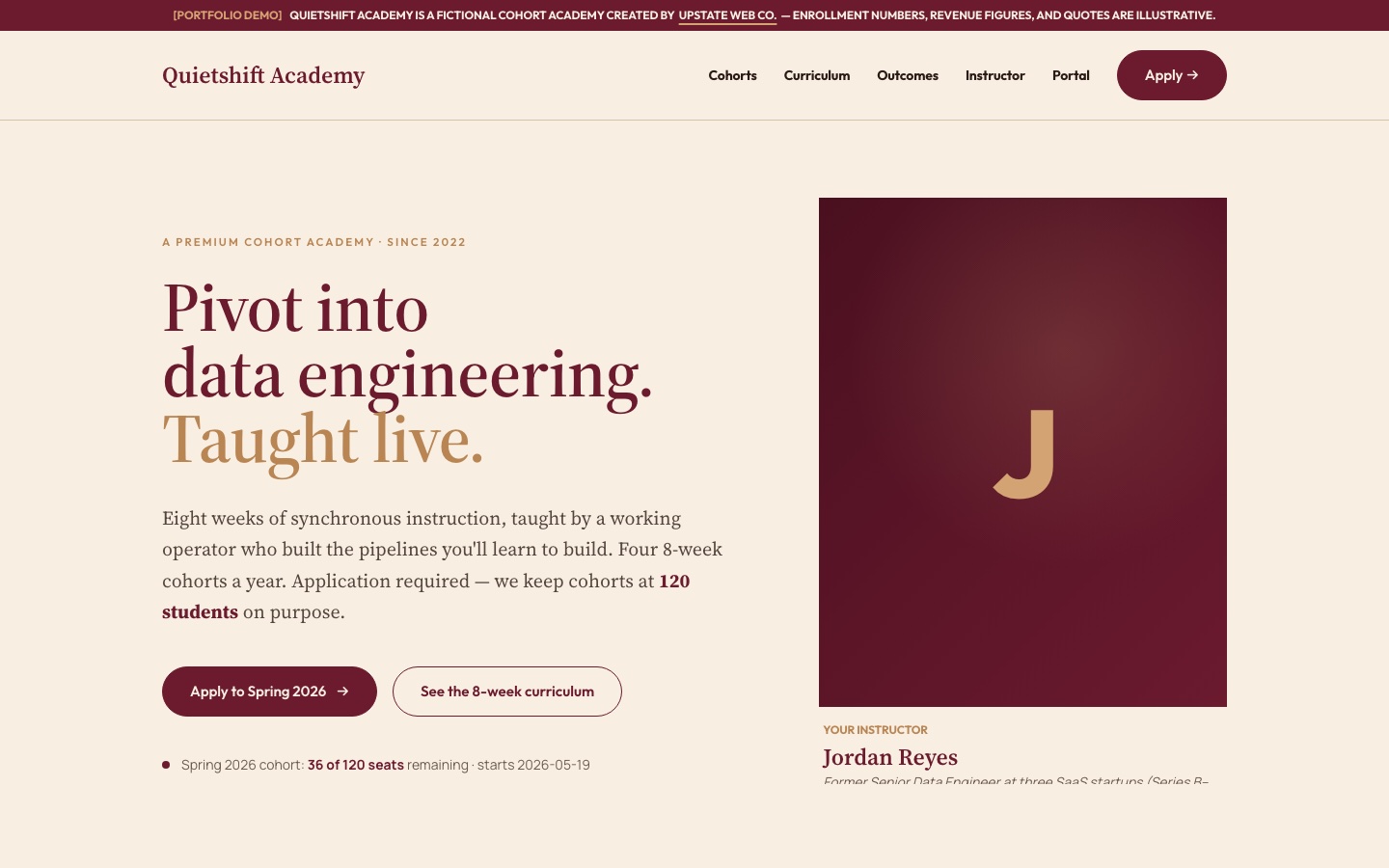 Quietshift Academy apply-funnel with cohort confirmation